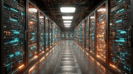 Rows of server racks are visible in a data center, each emitting soft blue and orange lights. The environment is sleek and technological, reflecting an advanced digital infrastructure.