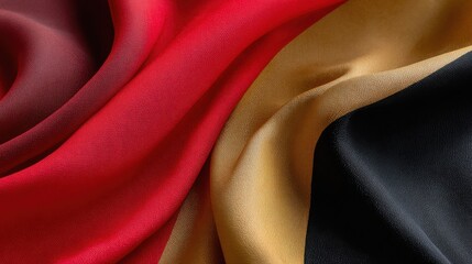 Luxury fashion-inspired abstract background with dramatic folds of fabric in bold red, gold, and black, sharp lighting, shadows creating depth