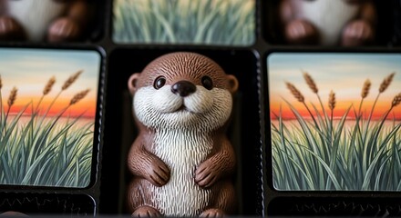 Adorable Otter Chocolate Figurine in a Box with Sunset Grassland Design