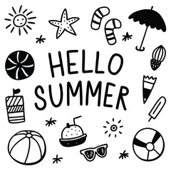 Hand drawn hello summer illustration with beach elements in black and white