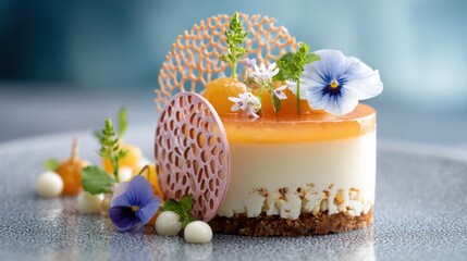 luxury plated dessert with layered textures, fruit gel, sugar lace, and edible flowers, soft glowing background, high contrast food styling