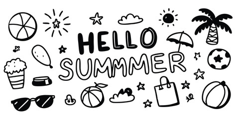 Hand drawn hello summer elements black outline with transparency for design projects