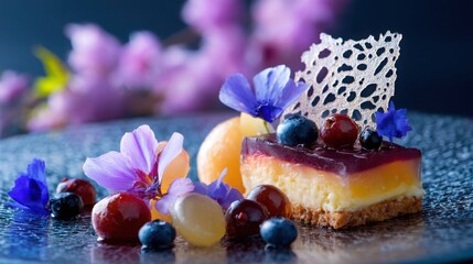 luxury plated dessert with layered textures, fruit gel, sugar lace, and edible flowers, soft glowing background, high contrast food styling