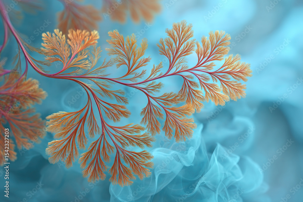Poster a delicate fern-like design in vibrant orange and yellow floats in a calming blue with ethereal wisp