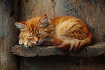 Tabby cat sleeping peacefully on a rustic windowsill outside during the daytime, enjoying sunlight in the Autumn season