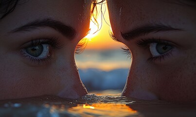 Two People's Faces Framing A Sunset Over The Ocean