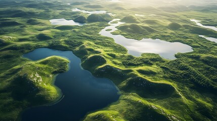 Fototapeta premium Wide aerial shot of the scenic lakes and green hills of the Silkeborg Lakes region, Denmark