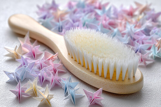 A hairbrush sits among tiny pastel origami stars, creating a playful and artistic display that captures attention