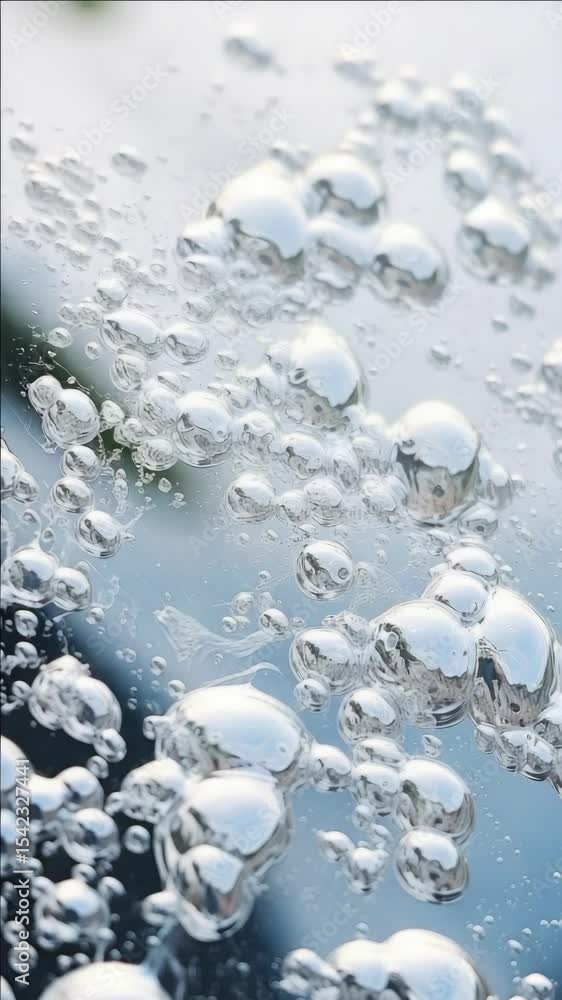 Poster a close-up view of droplets of cool, refreshing water on a surface, showcasing their unique shapes a