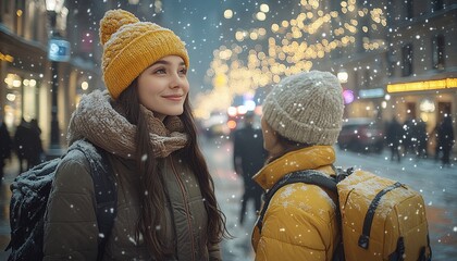 Two Women Enjoying A Snowy City Night