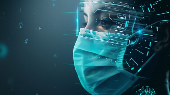 Person wearing a medical face mask overlaid with digital data.