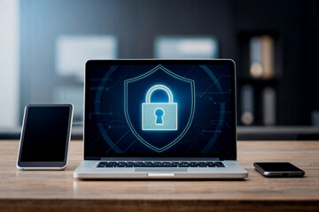 Laptop and mobile devices display digital shield and lock symbol representing cybersecurity