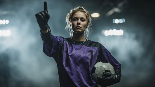 Confident Female Soccer Player in Purple Jersey Holding Ball and Pointing Forward Under Stadium Lights