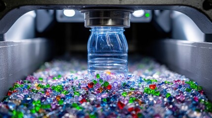plastic bottles being crushed into colorful pellets, futuristic recycling machine, studio lighting, clear close-up of transformation process