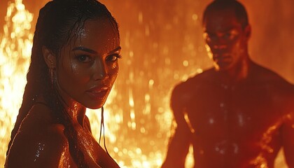 Woman And Man In Fiery Flames Dramatic Portrait