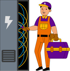 Cartoon Illustration of an Electrician Repairing Wires