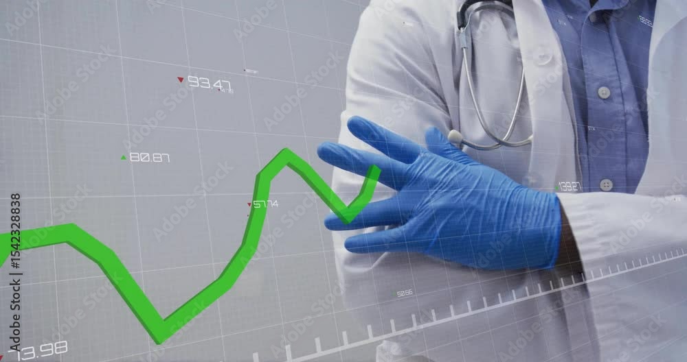 Poster when loading doctor observing chart fluctuating with data on transparent grid for medical analytics