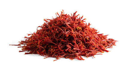 Naklejka premium Top view flat lay overhead red crocus sativus saffron spice isolated on a white background