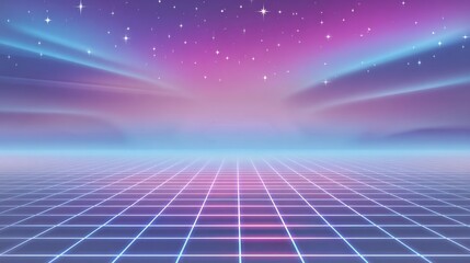 Retro-inspired vaporwave gradient background with glowing grid lines, magenta and electric cyan blend, subtle digital stars, nostalgic 80s sci-fi vibe