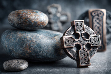 Celtic cross with intricate patterns on textured stones, forming an artistic low-light display