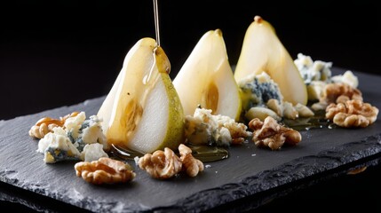 sliced pear artfully arranged with blue cheese and walnuts, honey dripping slowly over the top, on a dark slate plate, dramatic lighting, luxury gourmet style