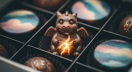 Exquisite Chocolate Dragon Figurine among Assorted Gourmet Chocolates in Box