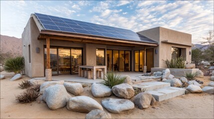 solar panels on roof of modern adobe house, desert landscape, cacti and stones, warm light, eco architecture 