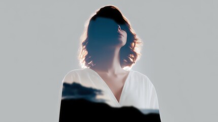Ethereal Woman Silhouette with Scenic Nature Overlay in Soft Light