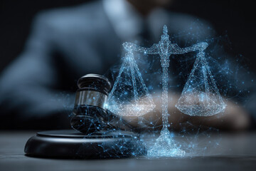 A digital illustration of scales of justice and a gavel symbolizes law and order, emphasizing modern legal themes
