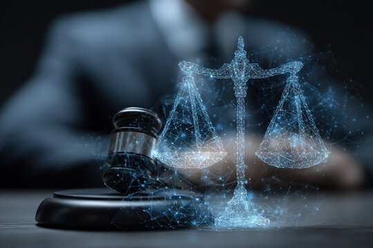 A digital illustration of scales of justice and a gavel symbolizes law and order, emphasizing modern legal themes
