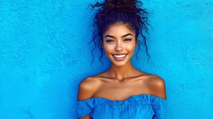 Woman Smiling with Curly Hair in Blue Top Against a Vibrant Blue Wall