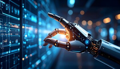 Robotic hand interacts with data.