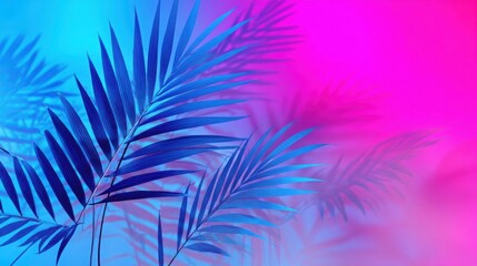 Vibrant tropical leaf silhouettes against a vivid neon gradient background, colors blending from electric blue to hot pink, sharp outlines and soft fog