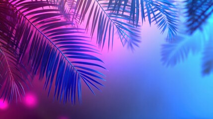 Vibrant tropical leaf silhouettes against a vivid neon gradient background, colors blending from electric blue to hot pink, sharp outlines and soft fog, Miami-style glow 