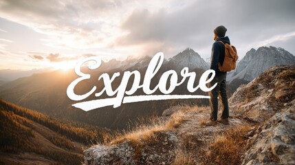 Wide-angle shot of a hiker standing on a cliff edge looking out over a vast mountain range, dramatic clouds and golden hour light, dynamic and inspiring