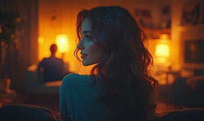 Woman With Curly Hair In Profile, Warm Indoor Lighting, Romantic Atmosphere_