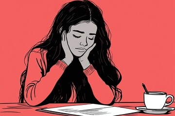 Woman With Long Dark Hair In Red Background Illustration