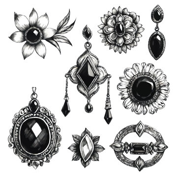 set of jewelry, brooches and pendants, pencil sktech vector illustration