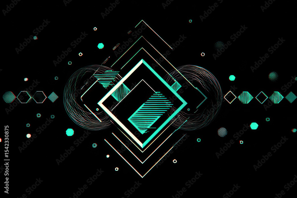 Poster abstract geometric design showcases teal shapes and patterns on a dark background, creating a striki