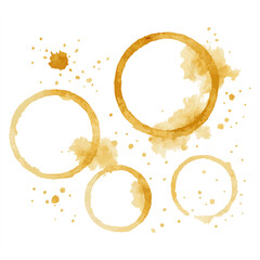 Abstract watercolor coffee stain art featuring multiple circular stains and splashes in warm brown tones on a white background, ideal for creative projects, textures, or artistic designs.
