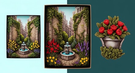 Charming Courtyard Fountain Scene:  Sculptural Floral Art,  Italian Architecture, Garden Decor
