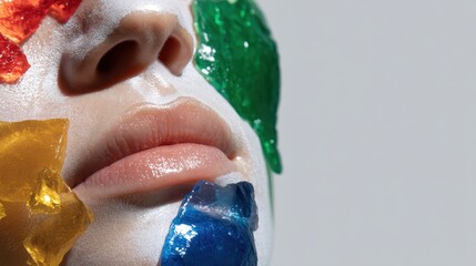 Creative close-up of lips and colorful face paint on skin