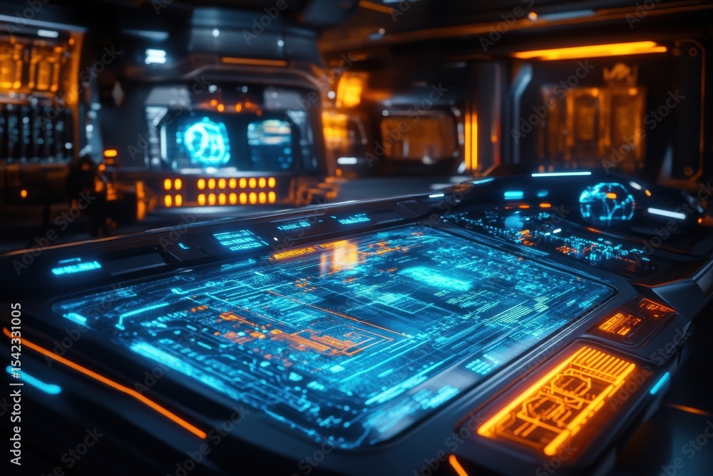 Poster Inside futuristic spaceship, control panel with advanced technology showing data, display screens with interface and digital information