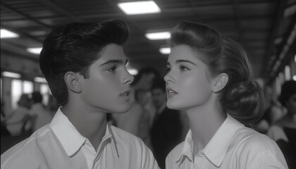 Young Couple In Black And White Portrait, Vintage Fashion, Intimate Gaze
