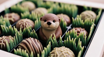 Adorable Otter Chocolate Box Delightful Assortment Sweet Treats Grass Decor