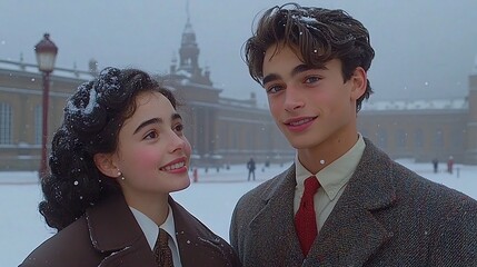 Young Couple In Snowy City Square Winter Portrait