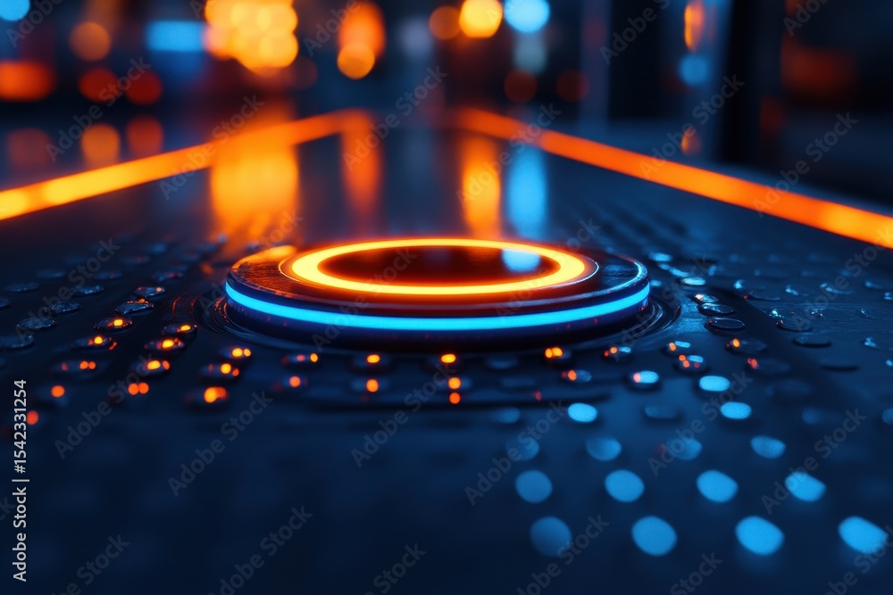 Poster Inside futuristic spaceship, control panel with advanced technology showing data, display screens with interface and digital information