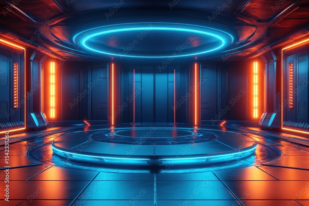 Poster Inside futuristic spaceship, control panel with advanced technology showing data, display screens with interface and digital information