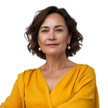 Portrait of middle age Hispanic woman with serious expression, wearing yellow blouse, isolated on white or transparent background