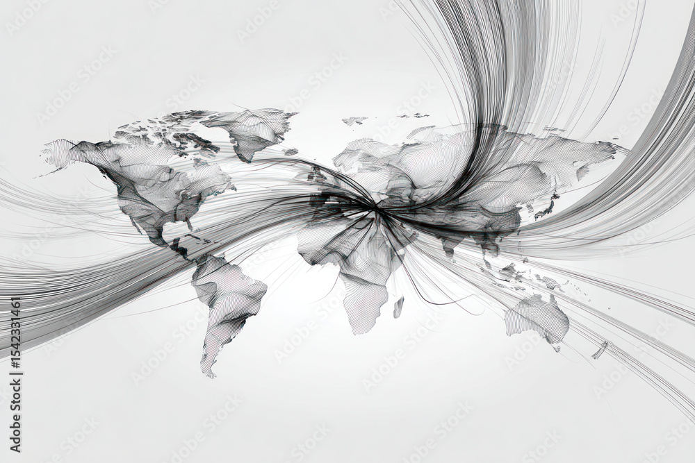 Poster abstract lines symbolize global connections, highlighting communication and interactions between con